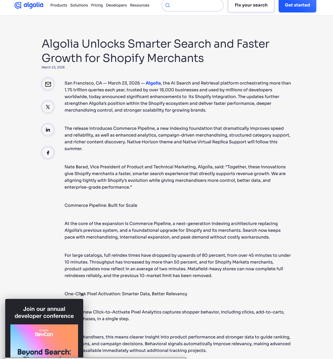 Algolia Commerce Pipeline announcement describing native Shopify taxonomy indexing and about two-minute update latency