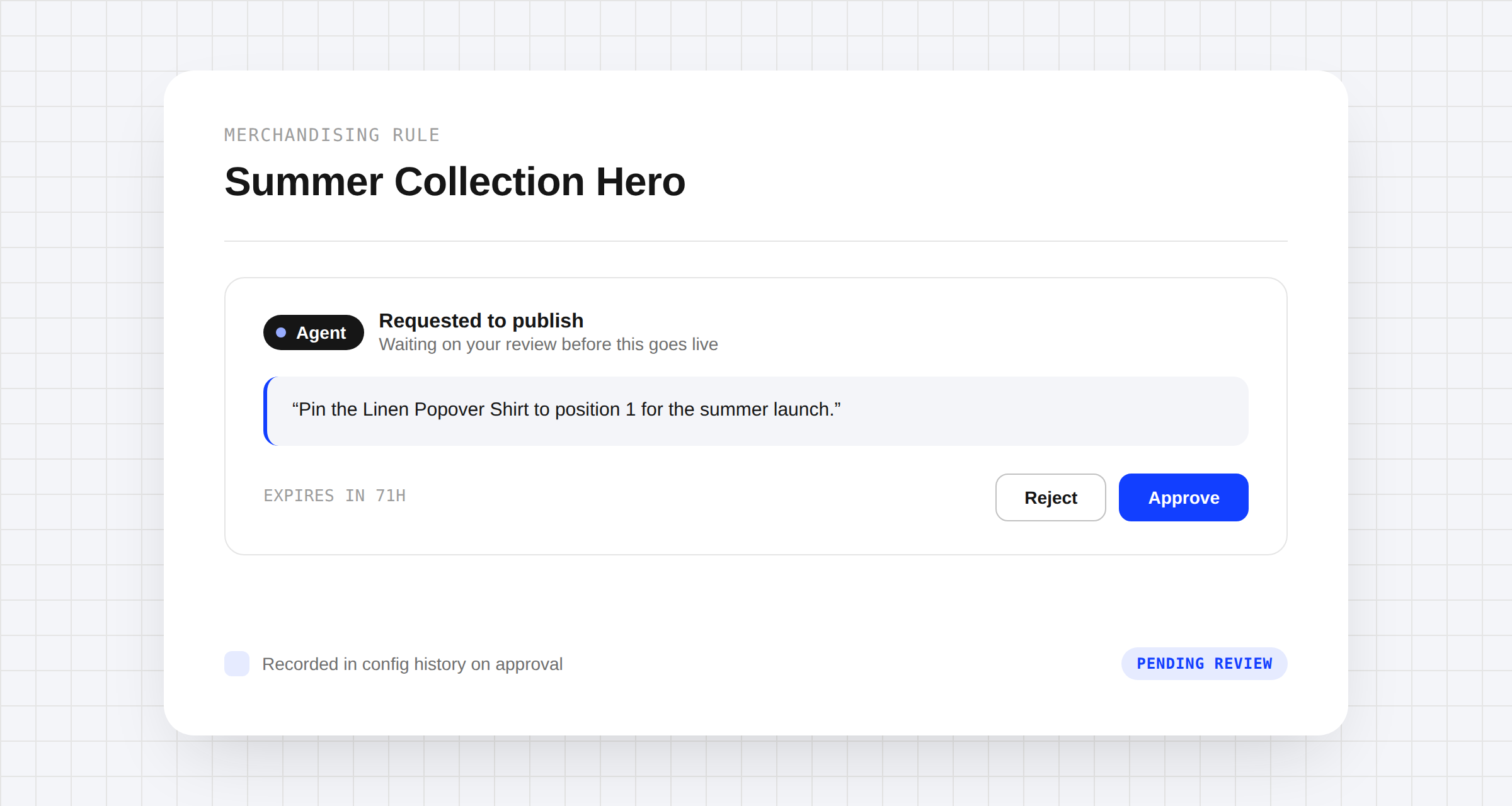 Dashboard inbox notification for a pending AI agent publish request, with Approve and Reject actions in a review modal