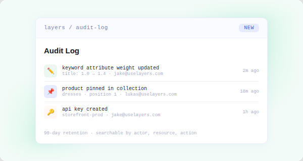 Audit log showing recent configuration changes in Layers