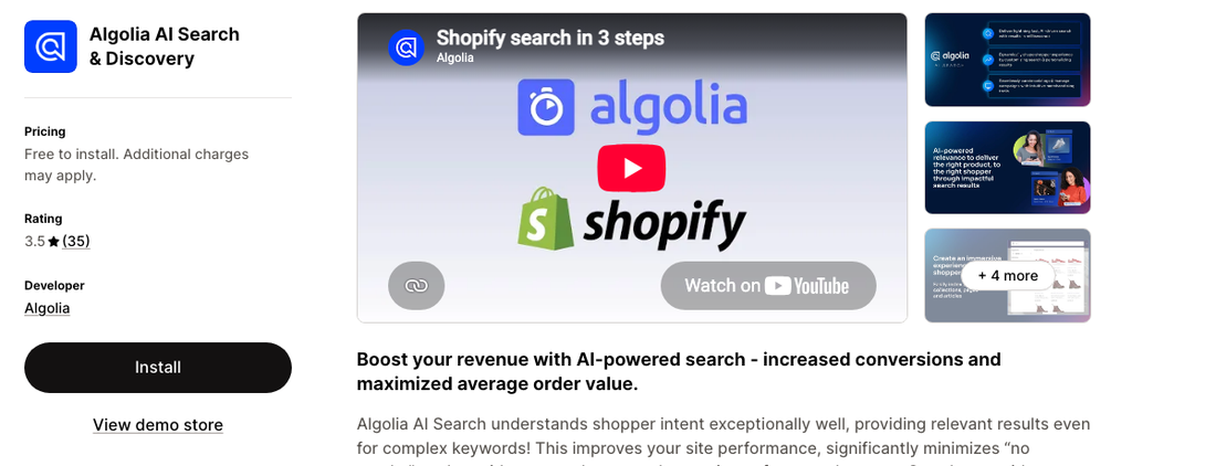 Algolia AI Search and Discovery on the Shopify App Store showing a 3.5 star rating from 35 reviews