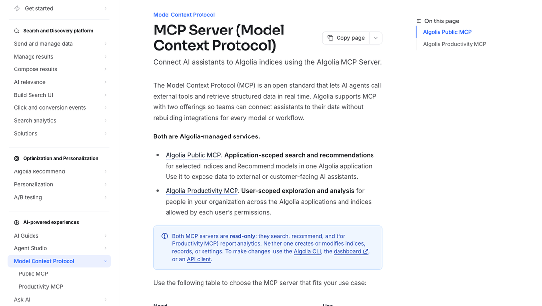 Algolia documentation for its MCP Server, describing a Public MCP and a Productivity MCP that connect AI assistants to Algolia, both read-only