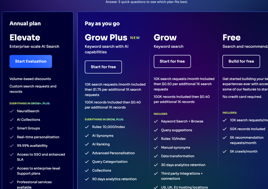 Algolia pricing page showing Free, Grow, Grow Plus, and Elevate tiers, with NeuralSearch and other AI features listed under Elevate