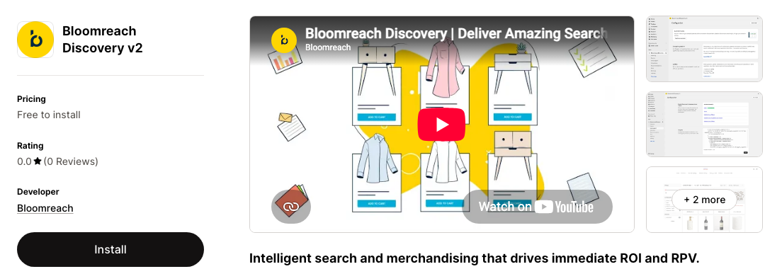 Bloomreach Discovery v2 on the Shopify App Store showing Free to install and a 0.0 rating from 0 reviews