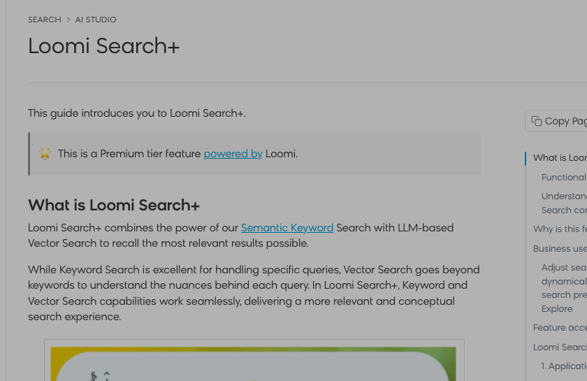 Bloomreach documentation page for Loomi Search+, with a callout stating This is a Premium tier feature powered by Loomi