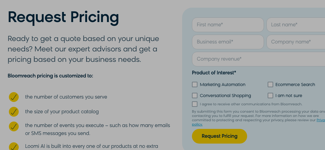 Bloomreach Discovery pricing page headed Request Pricing, with a quote request form and a note that pricing is customized to customers served, catalog size, and events