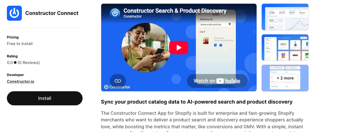 Constructor Connect on the Shopify App Store showing a 0.0 rating and zero reviews