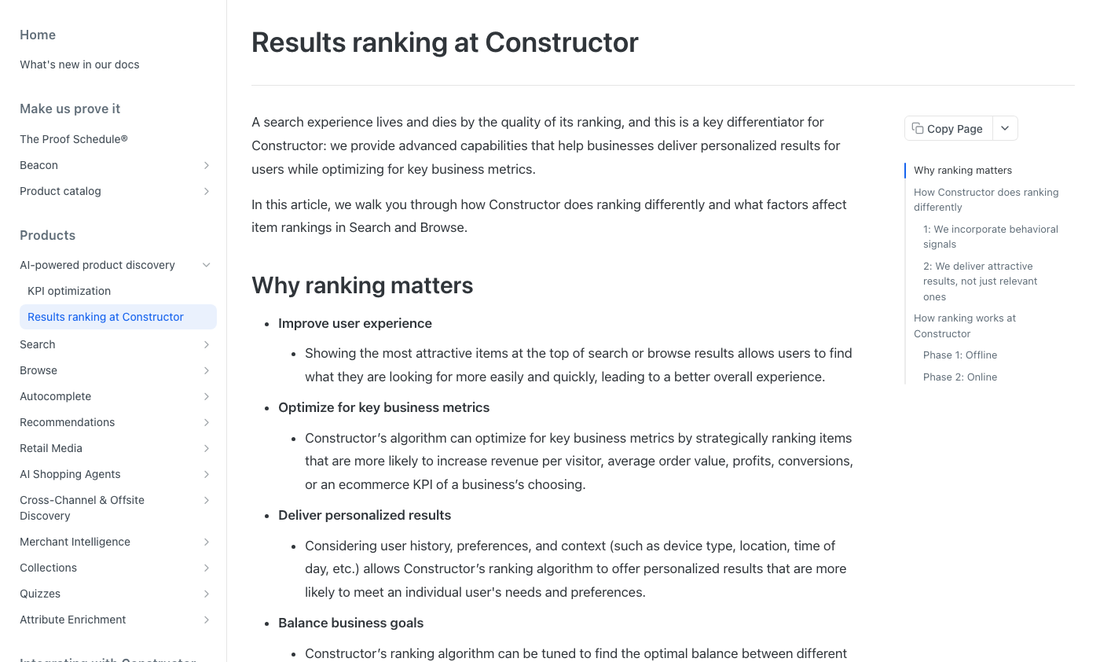 Constructor documentation page titled Results ranking at Constructor, showing that its algorithm can optimize for revenue per visitor, average order value, profits, and conversions