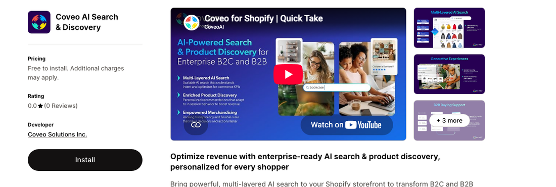 Coveo AI Search and Discovery on the Shopify App Store showing a 0.0 rating with 0 reviews, free to install, and a note that it requires a Coveo license
