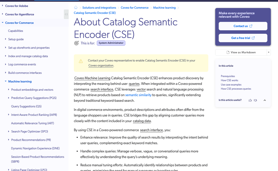 Coveo documentation for the Catalog Semantic Encoder, with a callout reading Contact your Coveo representative to enable Catalog Semantic Encoder in your Coveo organization