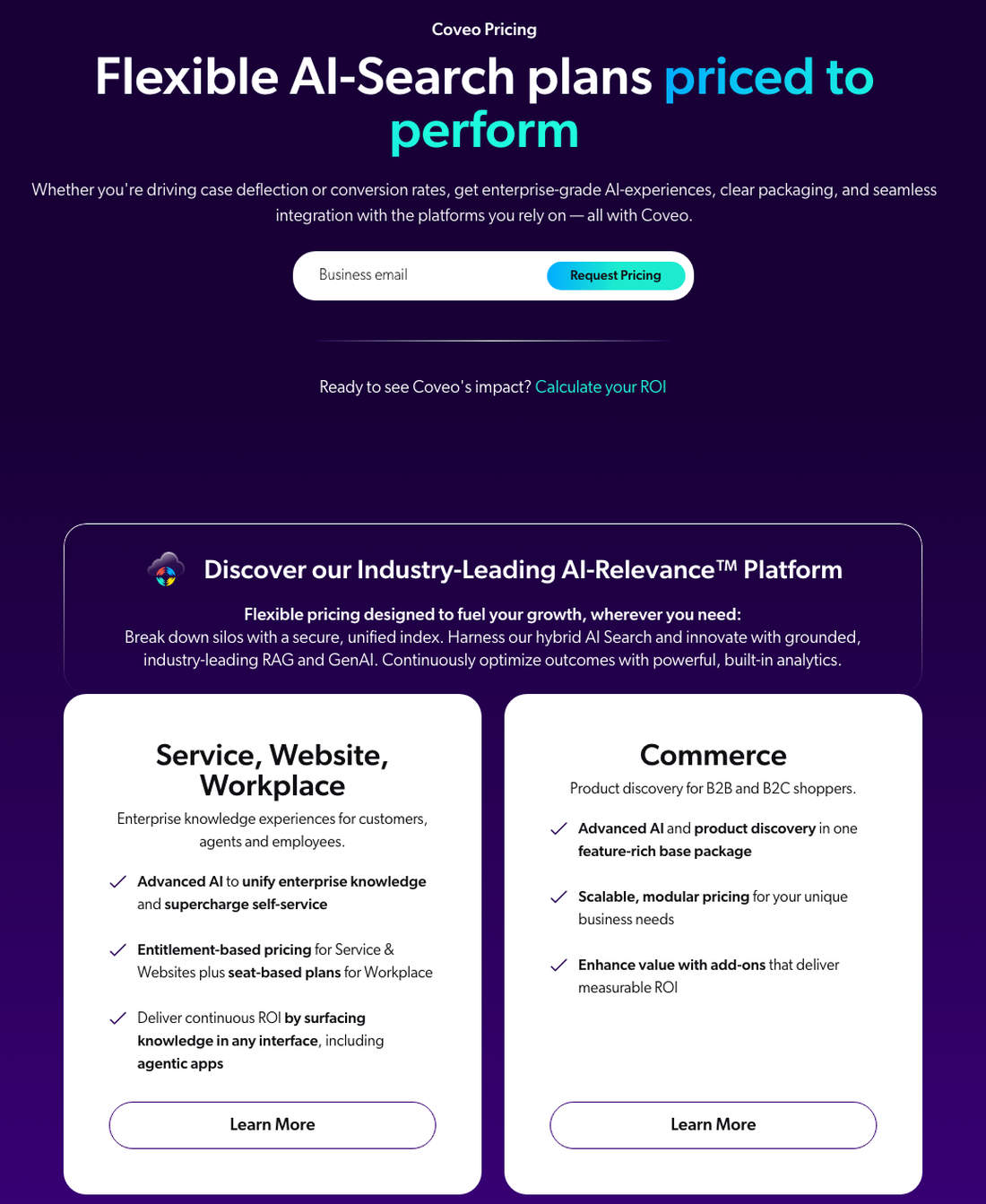 Coveo pricing page with a Request Pricing form and a Commerce package described as scalable, modular pricing with add-ons, and no dollar figures
