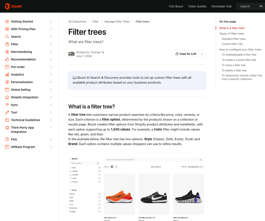 Boost Commerce filter trees documentation showing a Brand and Style faceted filter tree beside a Shopify product grid