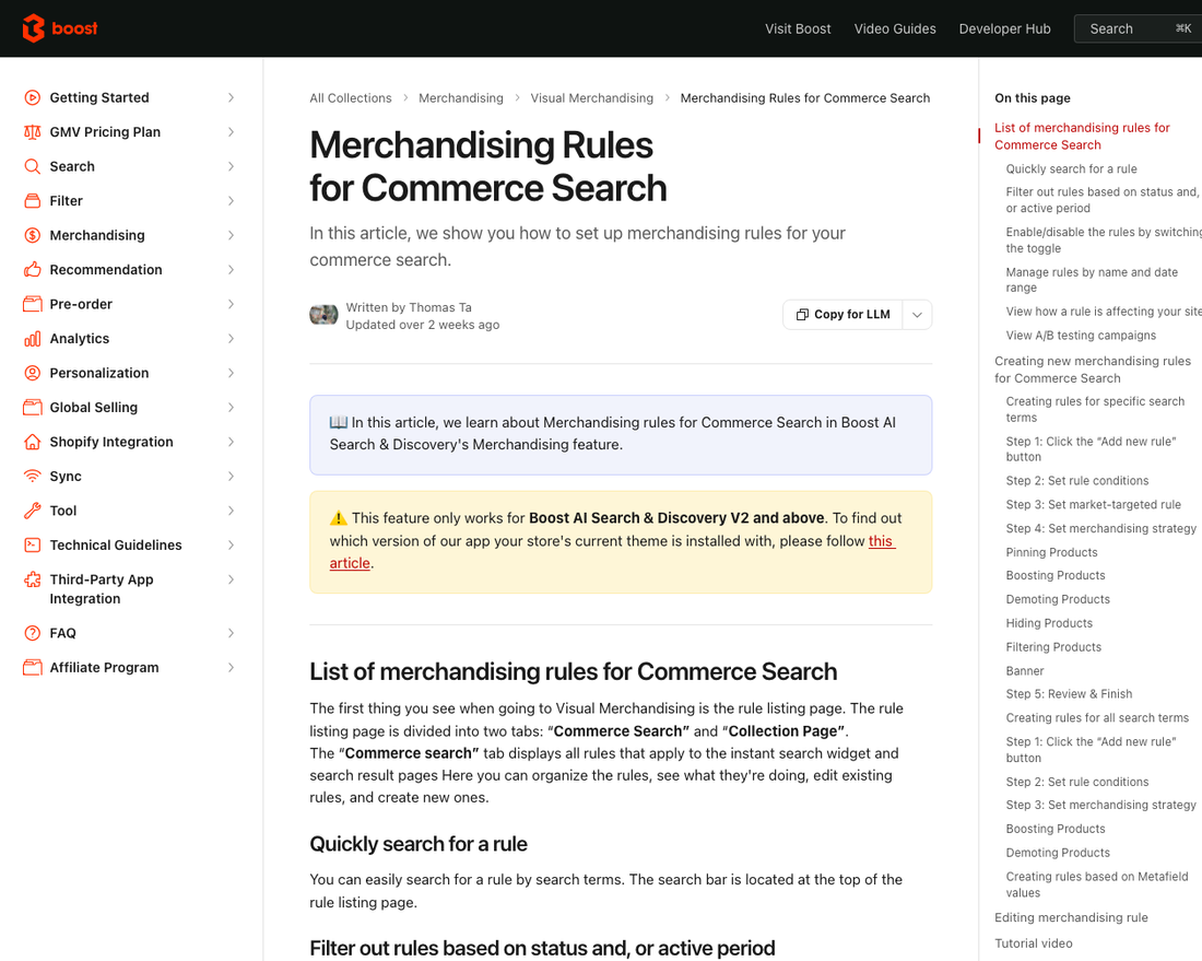 Boost Commerce merchandising rules documentation listing pinning, boosting, demoting, hiding, filtering, and banner strategies for commerce search