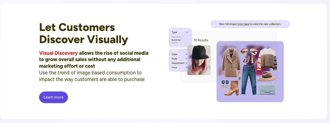 Fast Simon Visual Discovery page showing camera and image-based search that returns a shoppable grid of apparel from a photo
