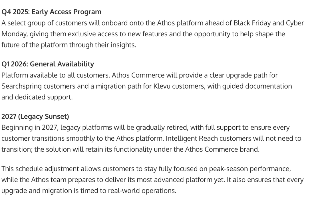 Athos Commerce rollout notice showing Q1 2026 general availability with a migration path for Klevu customers, and legacy platforms retired beginning 2027