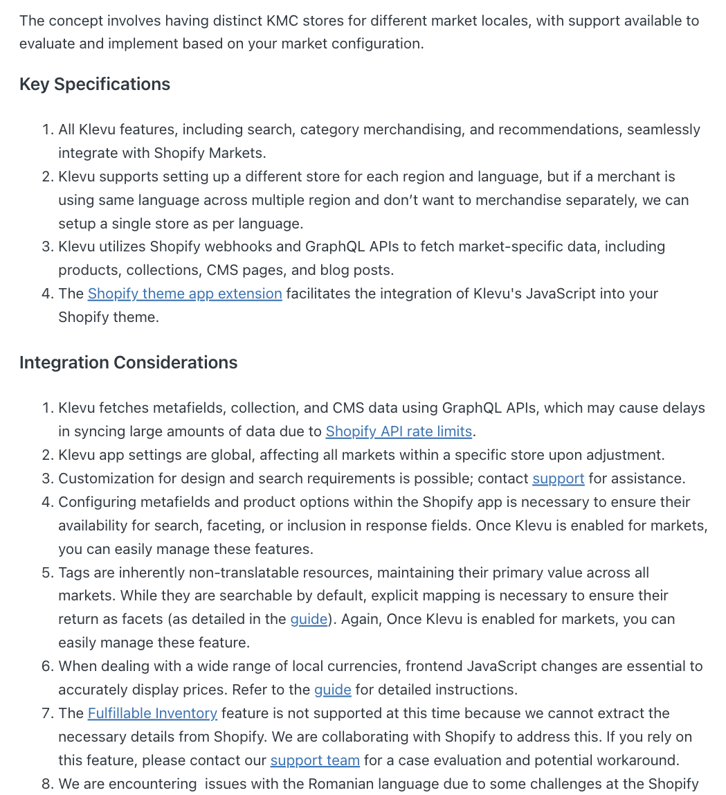 Klevu documentation page stating the concept involves distinct KMC stores for different market locales, plus a list of integration limitations including unsupported fulfillable inventory