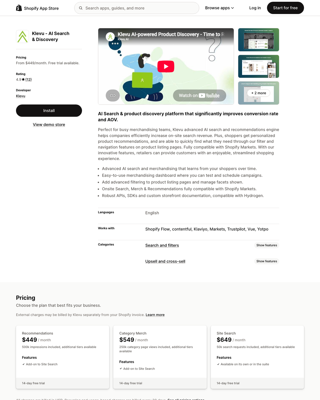 Klevu on the Shopify App Store showing three separately-priced modules: Recommendations at $449, Category Merch at $549, and Site Search at $649 per month
