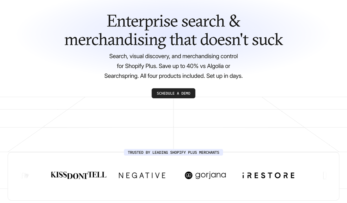 Layers homepage: enterprise search and merchandising for Shopify Plus, trusted by merchants including gorjana and iRestore