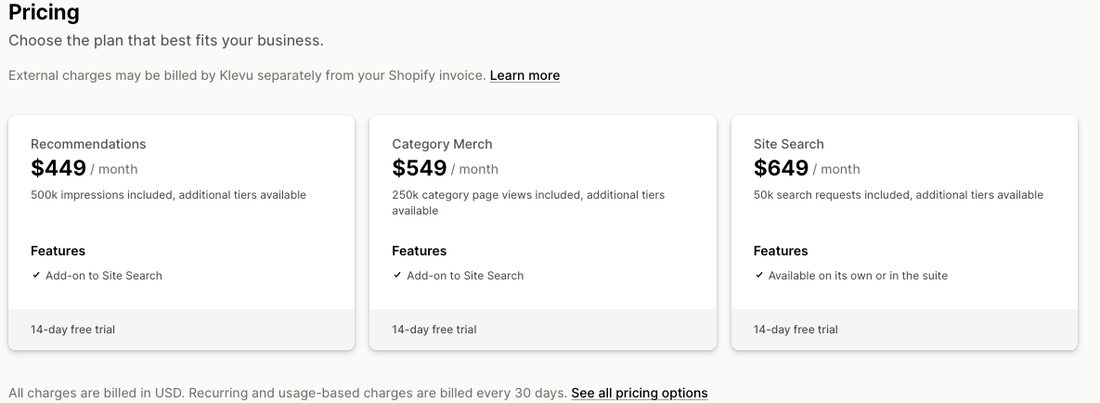 Klevu pricing on the Shopify App Store showing three modules: Recommendations $449, Category Merch $549, and Site Search $649 per month, each add-on to Site Search
