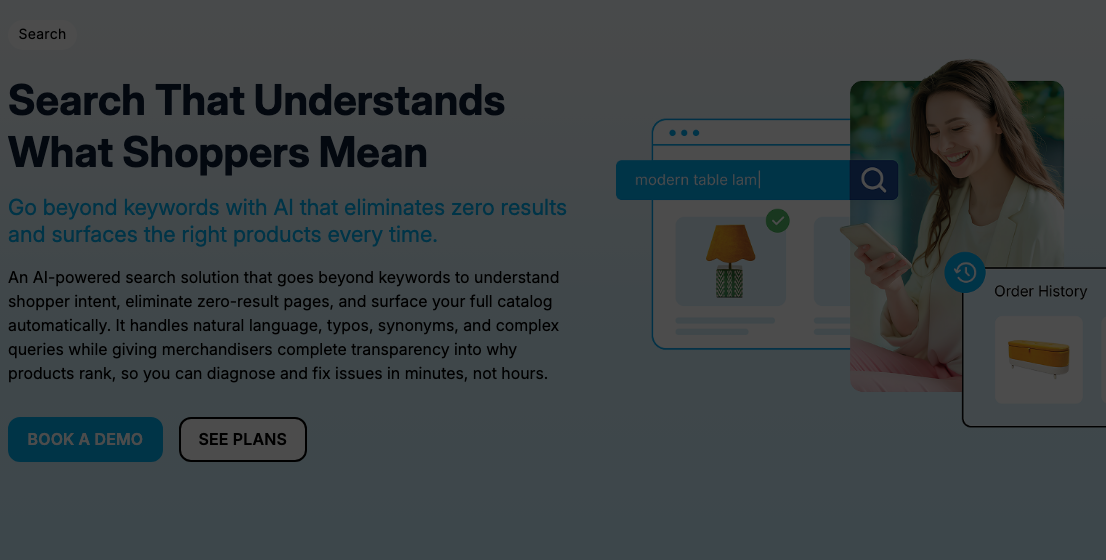 Athos Commerce site search page, the Klevu engine, headlined Search That Understands What Shoppers Mean, with copy about going beyond keywords to eliminate zero results