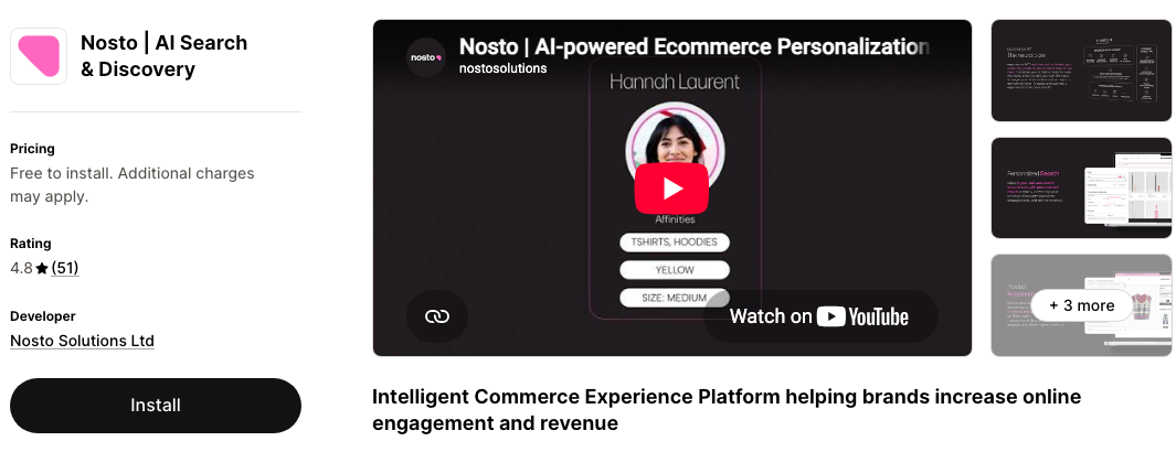 Nosto AI Search and Discovery on the Shopify App Store showing a 4.8 star rating from 51 reviews and Free to install pricing