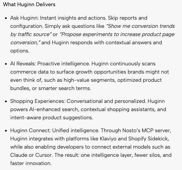Nosto Huginn announcement bullets, including Huginn Connect describing an MCP server integrating Klaviyo and Shopify Sidekick and connecting external models like Claude or Cursor