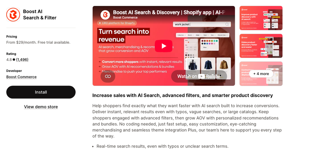 Boost AI Search and Filter on the Shopify App Store, developer Boost Commerce, from 29 dollars a month, rated 4.8 stars from 1,496 reviews