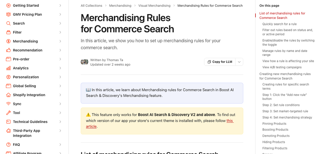 Boost Commerce documentation page for Merchandising Rules for Commerce Search, listing pinning, boosting, demoting, hiding, filtering, and banner strategies in the right-hand contents