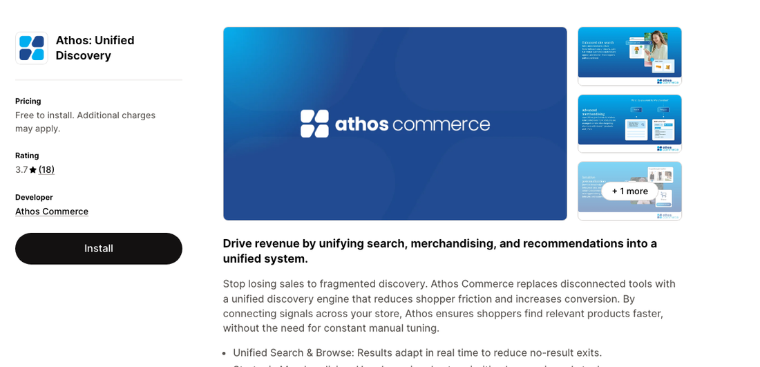 Athos: Unified Discovery on the Shopify App Store, developer Athos Commerce, free to install, rated 3.7 stars from 18 reviews