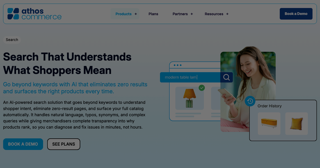 Searchspring, now Athos Commerce, site-search product page headlined Search That Understands What Shoppers Mean, promoting AI that goes beyond keywords