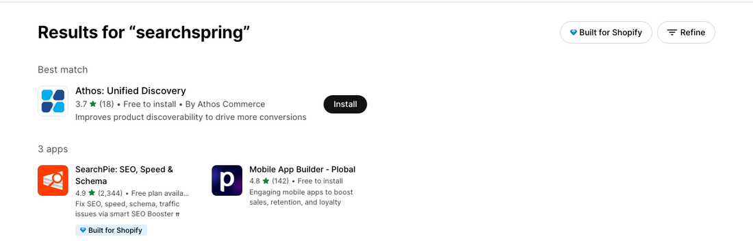 Shopify App Store search results showing Searchspring now listed as Athos: Unified Discovery, rated 3.7 stars from 18 reviews, by Athos Commerce