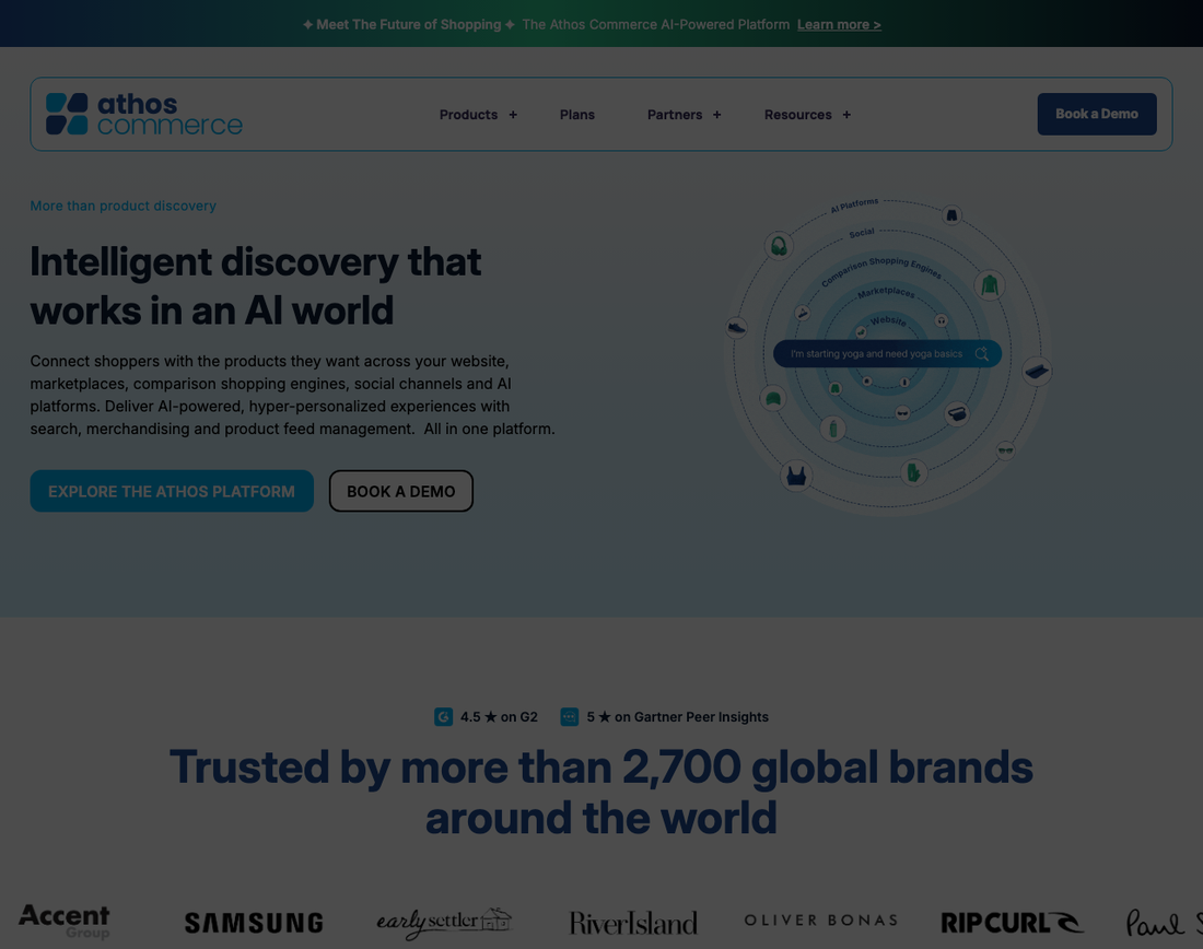 Athos Commerce homepage showing the merged brand, a 4.5 star rating on G2, a 5 star rating on Gartner Peer Insights, and logos for Samsung, River Island, and Rip Curl