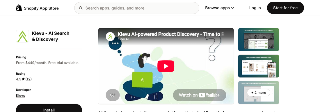 Klevu AI Search and Discovery on the Shopify App Store showing a 4.9 star rating from 12 reviews