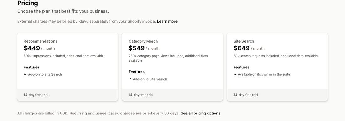 Klevu Shopify App Store pricing showing three modules: Recommendations at 449 dollars, Category Merch at 549 dollars, and Site Search at 649 dollars per month
