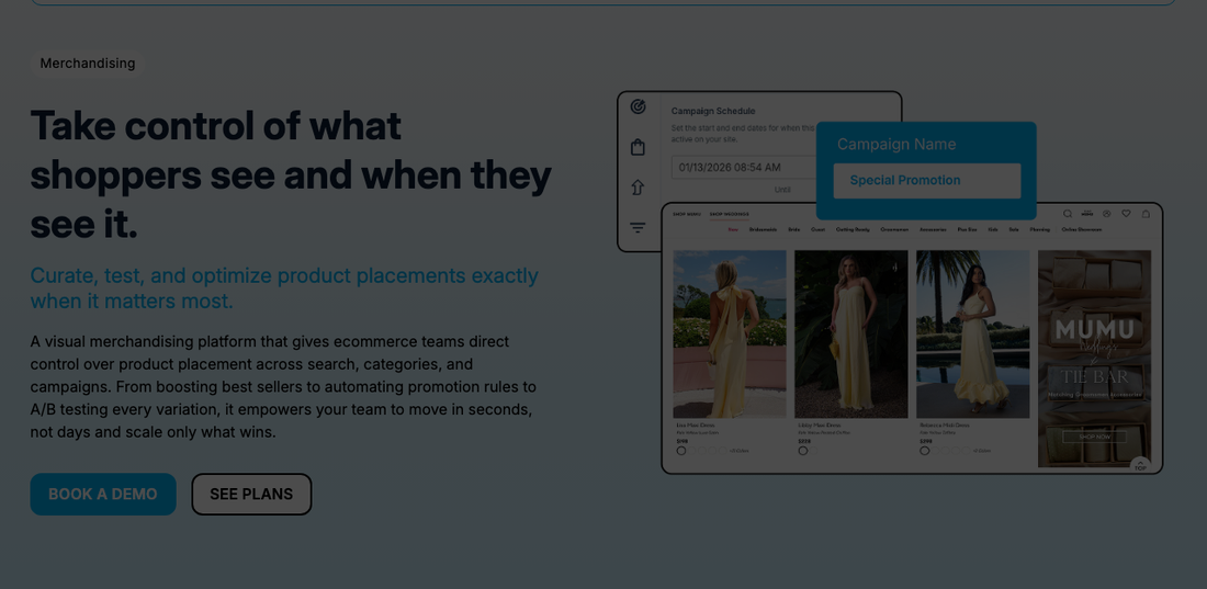 Athos merchandising page showing a visual campaign schedule and a drag-and-drop product grid for a fashion collection
