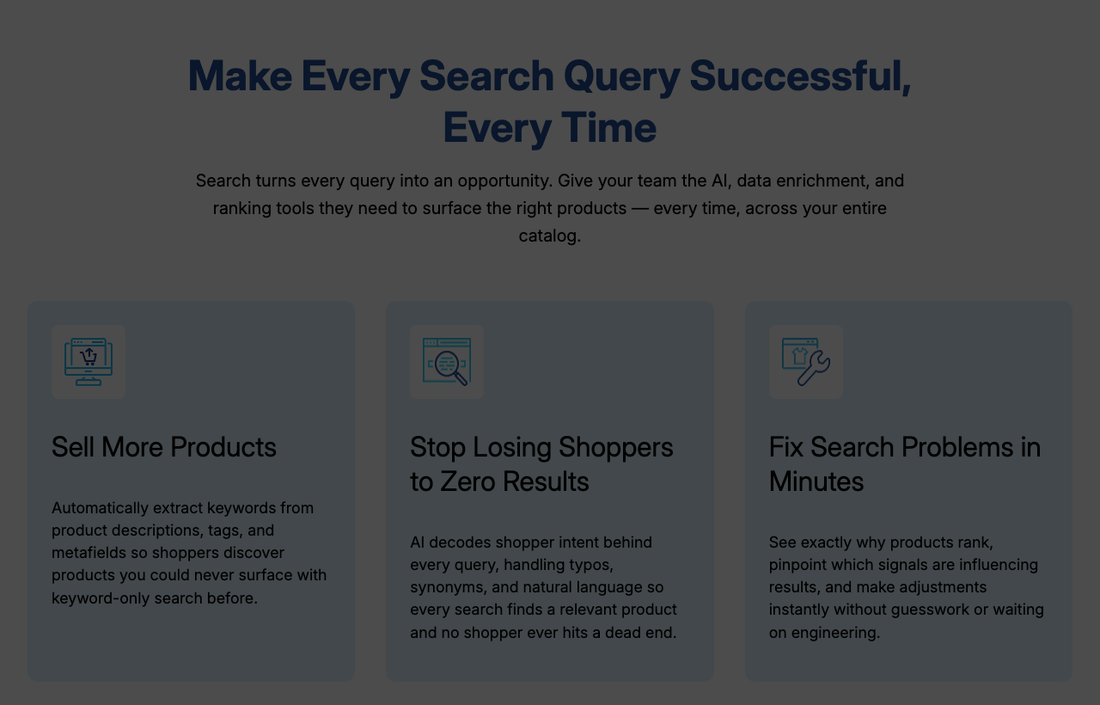Athos Commerce site search page describing AI that decodes shopper intent, eliminates zero results, and shows exactly why products rank