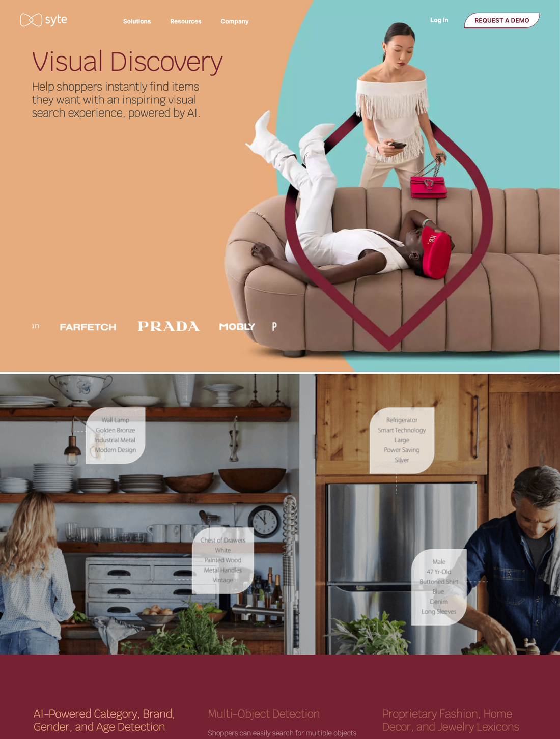 Syte Visual Discovery page showing camera search that detects multiple objects in a room and labels each with product attributes