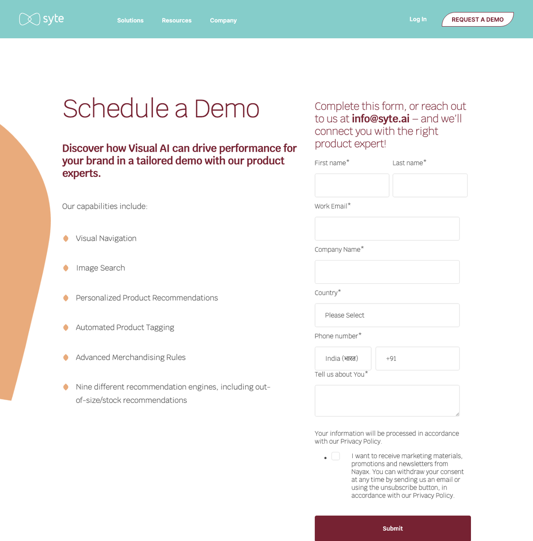 Syte pricing page showing a Schedule a Demo request form with name, email, and company fields, and no published pricing tiers