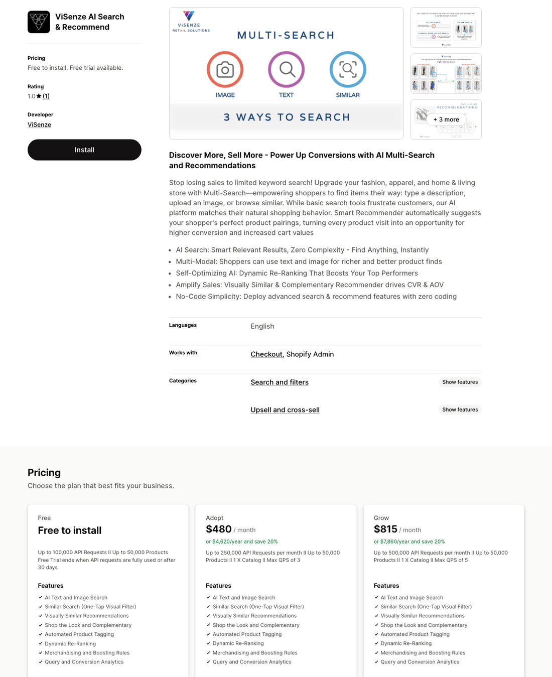 ViSenze AI Search and Recommend on the Shopify App Store showing a 1.0 star rating from 1 review and Free, 480 dollar, and 815 dollar monthly tiers
