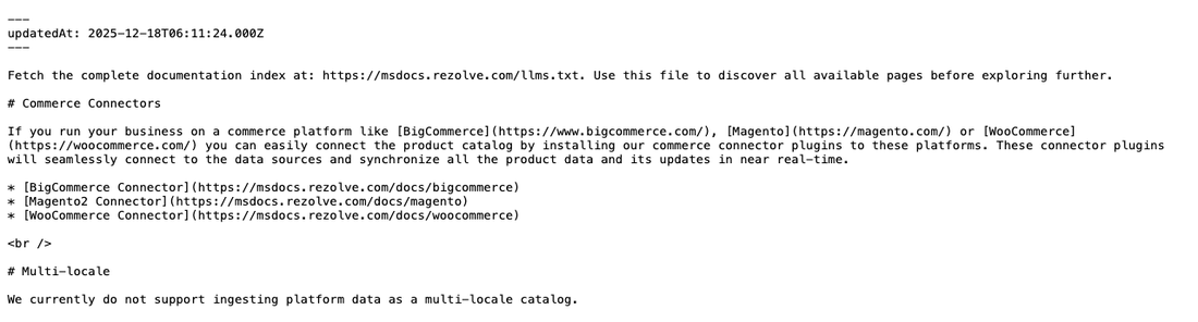 Rezolve commerce-connectors documentation listing BigCommerce, Magento, and WooCommerce connectors, with a Multi-locale note stating that ingesting platform data as a multi-locale catalog is not supported