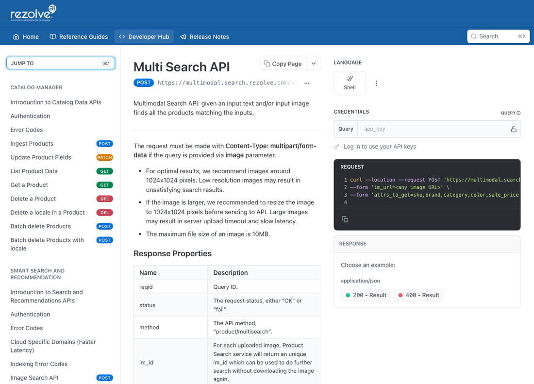 ViSenze Multi Search API reference page describing a multimodal search that takes text and image in one call, with a Shopping Assistant API listed in the left navigation