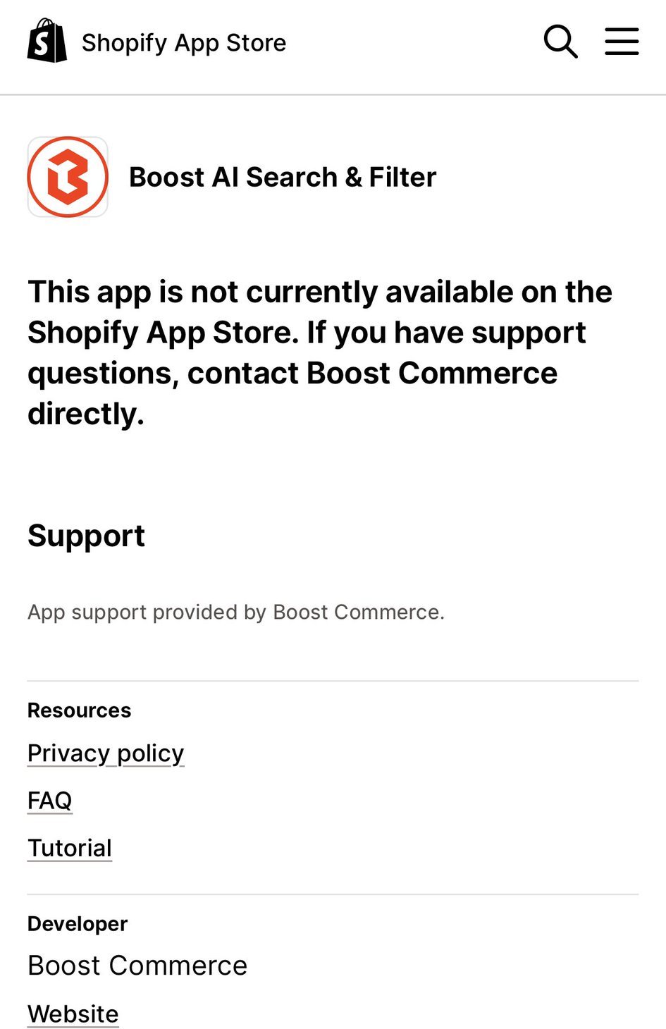 The Boost AI Search & Filter page on the Shopify App Store, showing the notice: This app is not currently available on the Shopify App Store. If you have support questions, contact Boost Commerce directly.