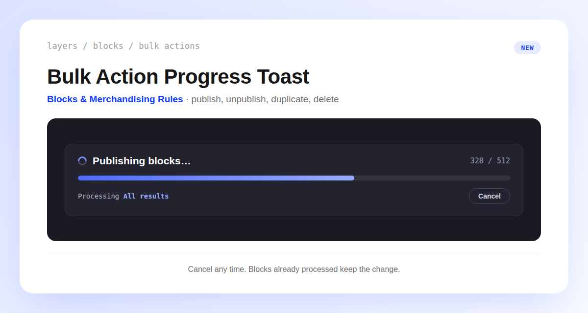 A dashboard toast titled Publishing blocks, showing a progress bar, a 328 of 512 count, and a Cancel button