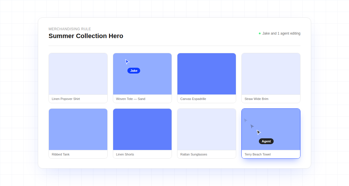 Two live cursors on a merchandising rule's product grid — a teammate's cursor labeled Jake, and an AI agent's cursor mid-move toward a highlighted product tile