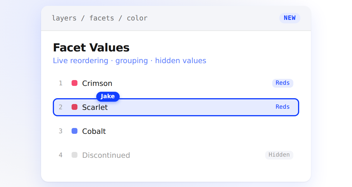 Facet values editor showing a live presence avatar, a reordered value list with position numbers, a shared group label, and a hidden value
