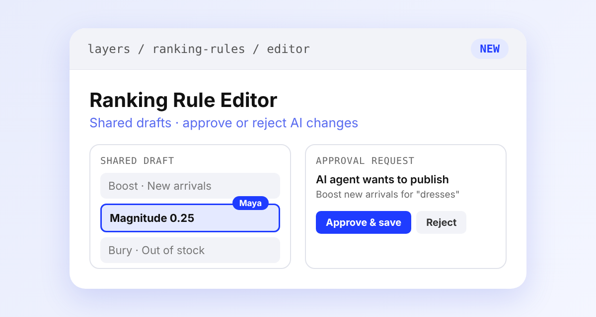 Ranking rule editor showing a shared draft with a teammate's label on the magnitude field next to an AI agent approval request with Approve and save and Reject buttons