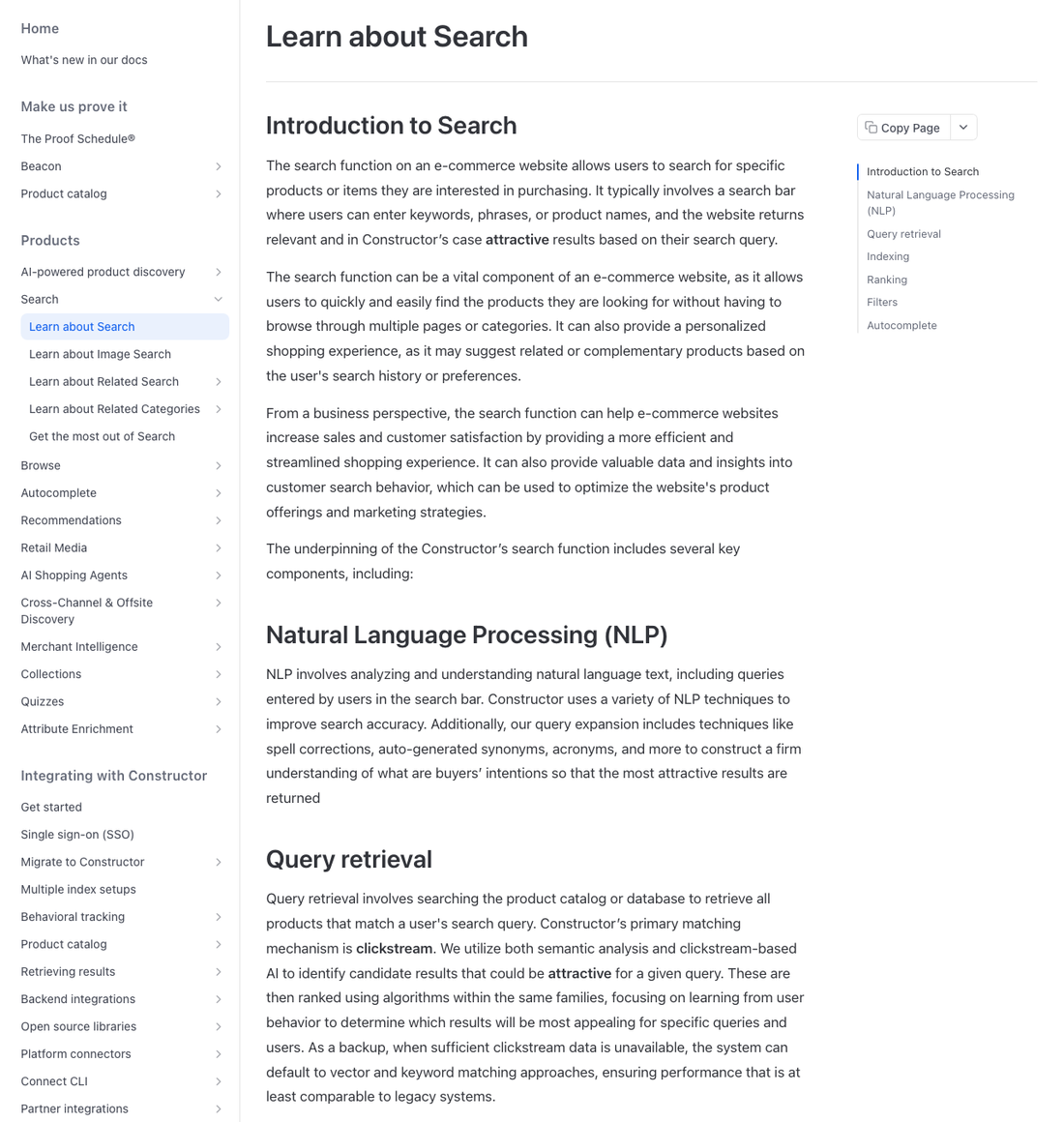 Constructor search documentation explaining NLP and clickstream-based ranking