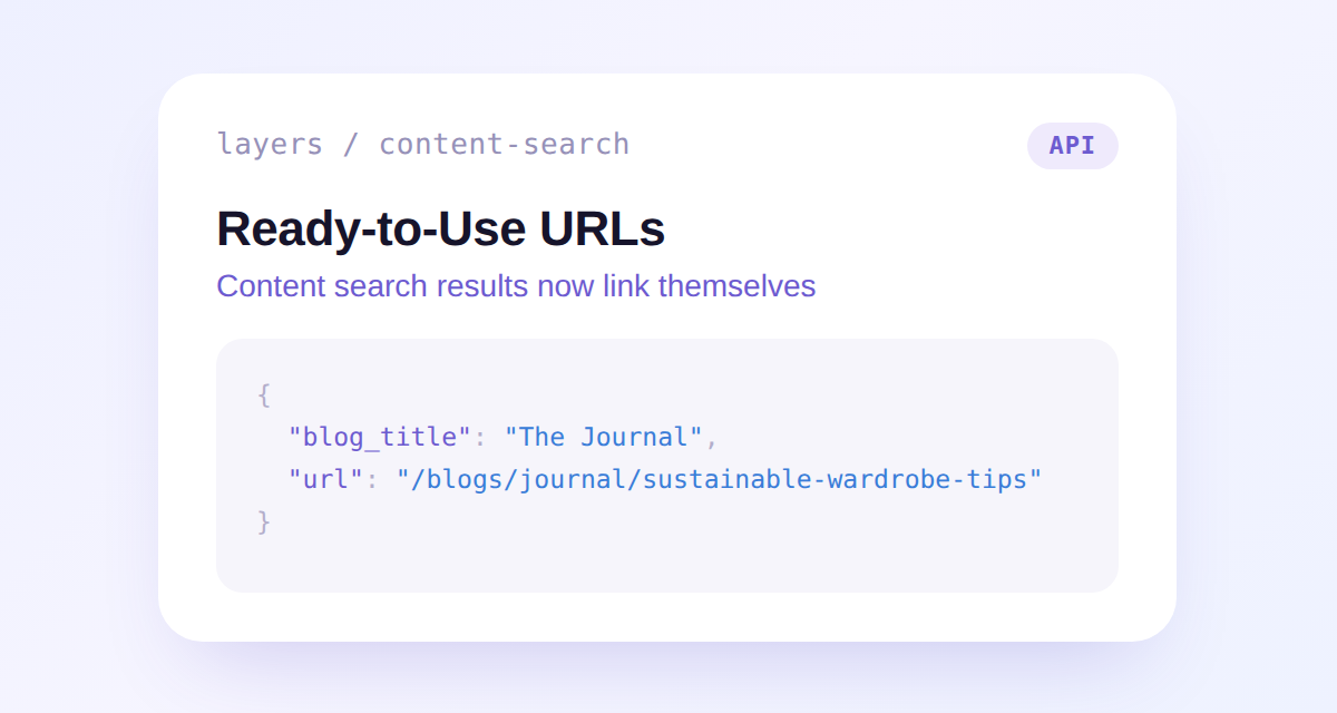 A content search result showing the new blog_title and url fields: blog_title set to The Journal and url set to /blogs/journal/sustainable-wardrobe-tips