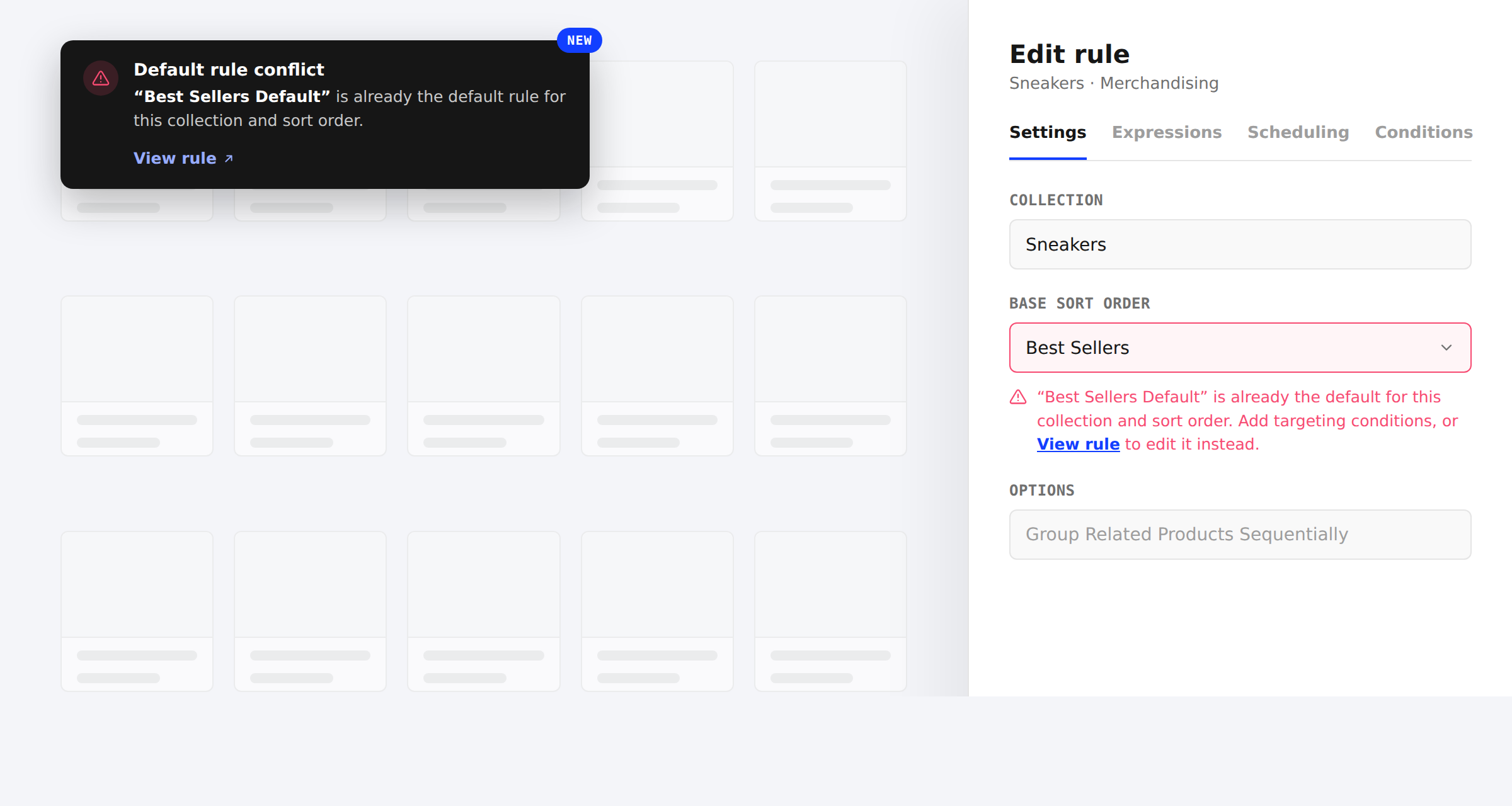 The merchandising rule sidebar with a Base Sort Order field outlined in red, an inline error naming the conflicting default rule with a View rule link, and a matching warning toast in the top-left