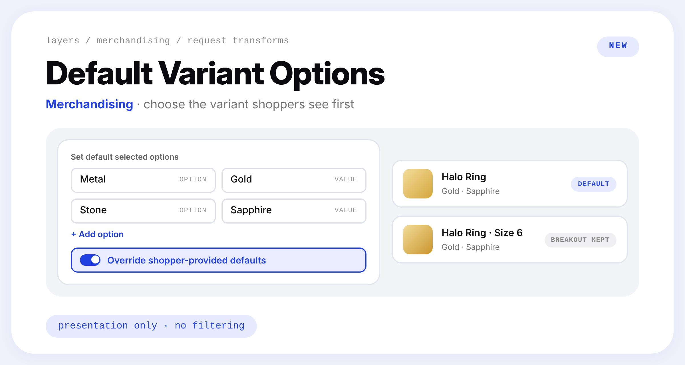 The Set default selected options action with Metal set to Gold and Stone set to Sapphire, an Add option link, and Override shopper-provided defaults switched on, next to a product tile and a breakout tile both showing the Gold and Sapphire variant