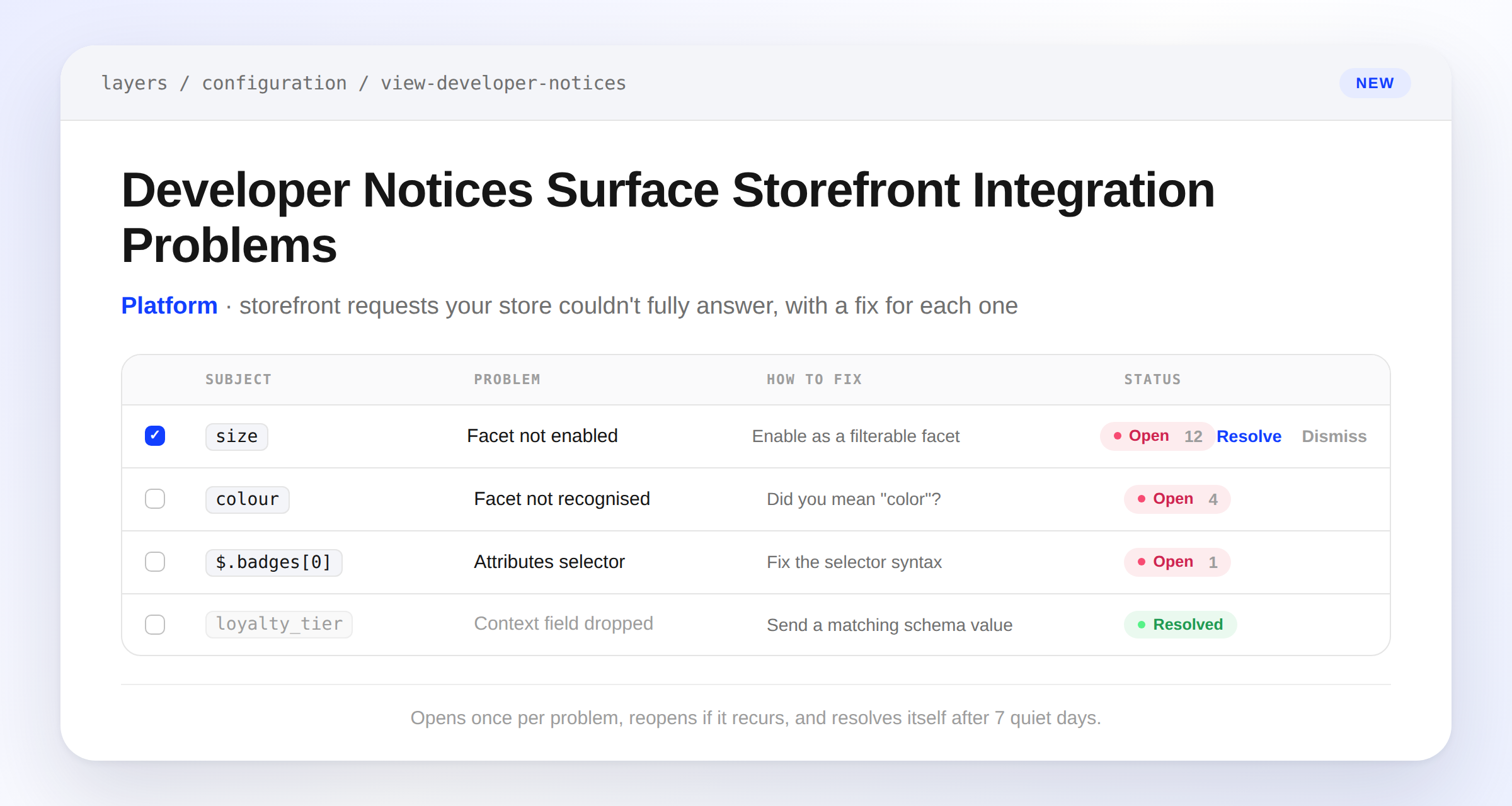 The Developer Notices settings page listing storefront integration problems such as a disabled facet and an unparseable attributes selector, each with a fix and a status